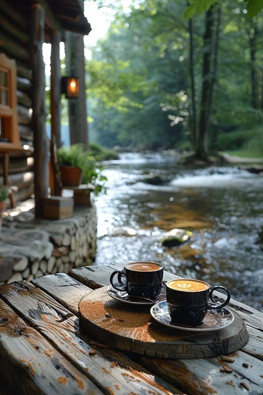 Two espresso cups outside by a creek